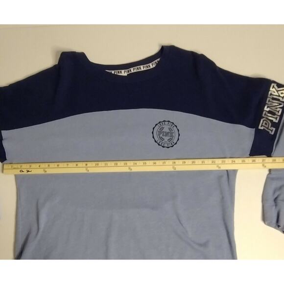 PINK Women’s Top Size Large Blue Colorblock Long Sleeve Pullover Round Neck Logo - Picture 6 of 7